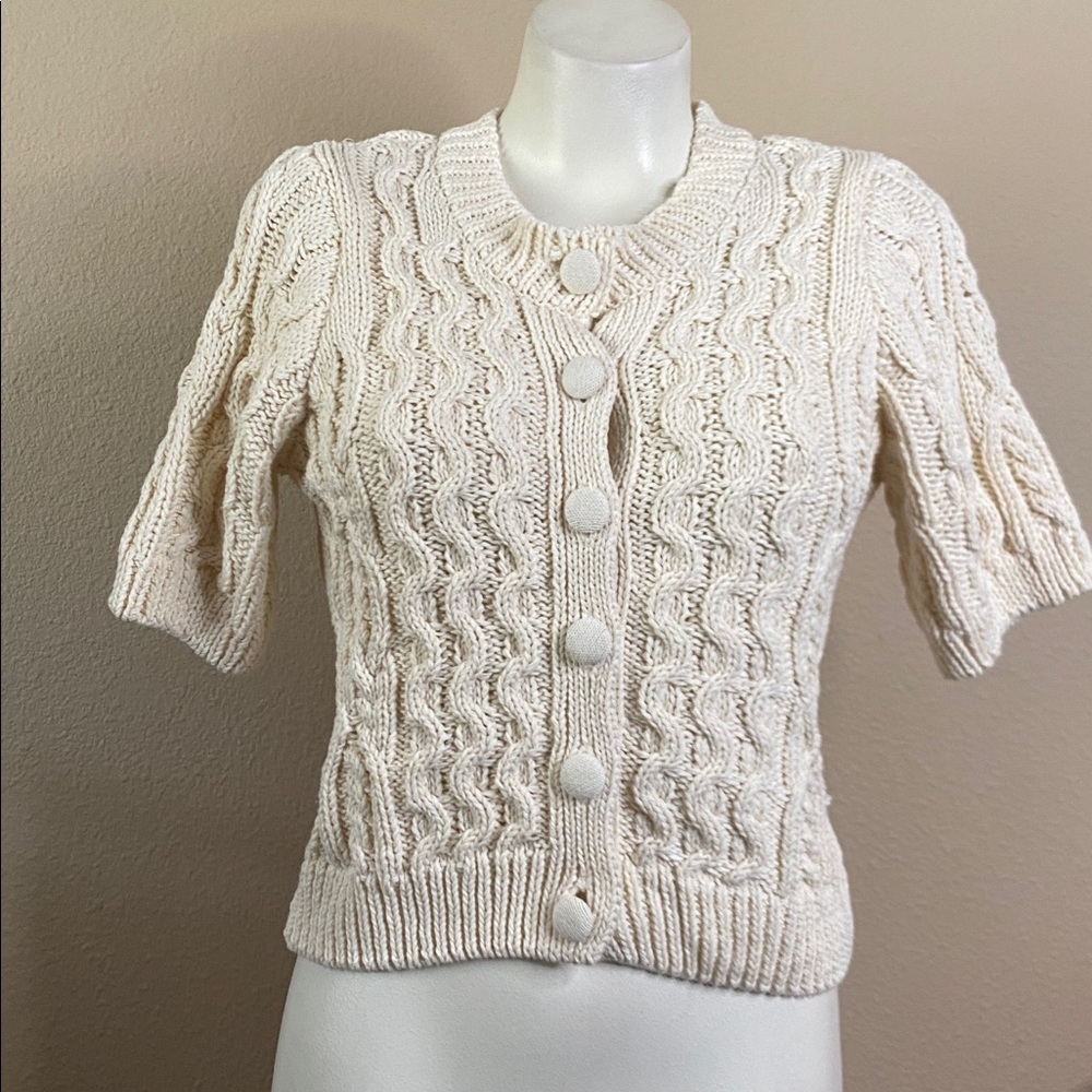 ZARA Cream cable fisherman knit, short sleeve cropped cardigan sweater S❤️❤️